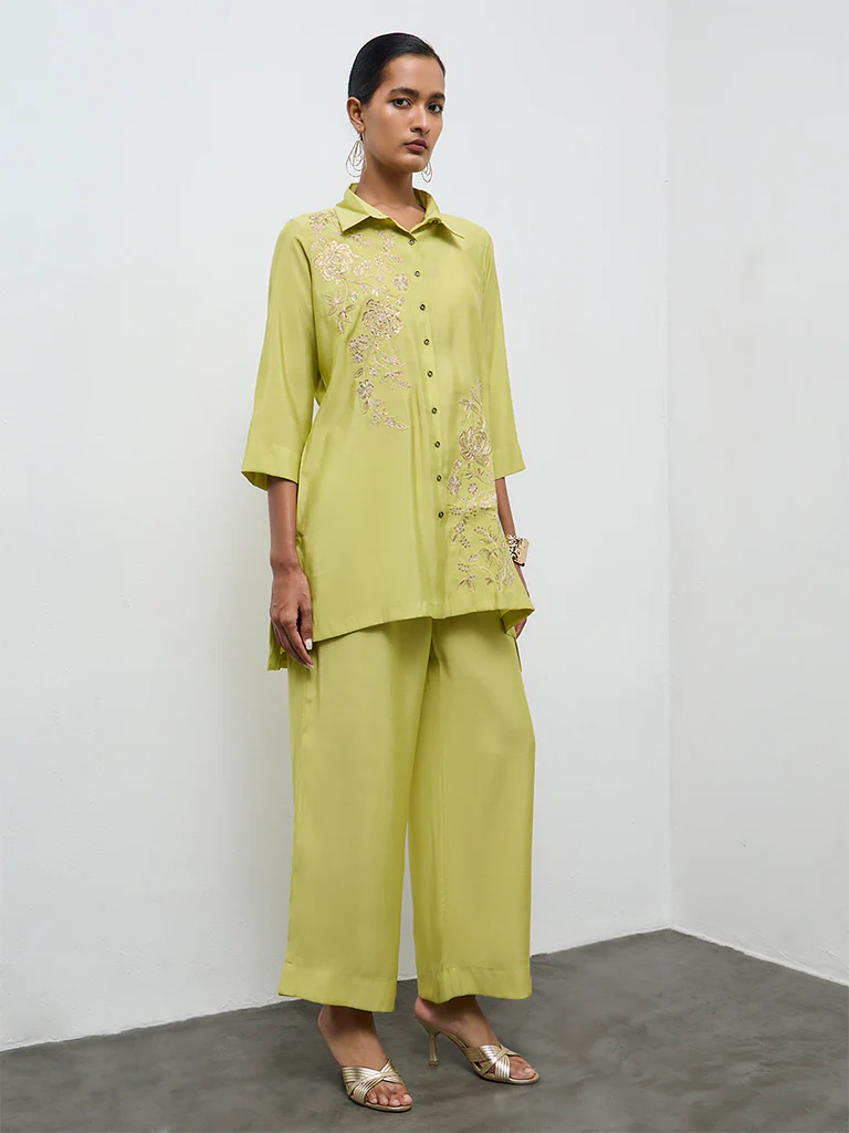 Vark Lime Floral Embroidered Straight Ethnic Set