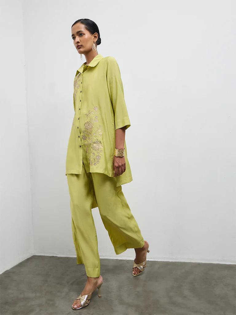 Vark Lime Floral Embroidered Straight Ethnic Set - Image 2