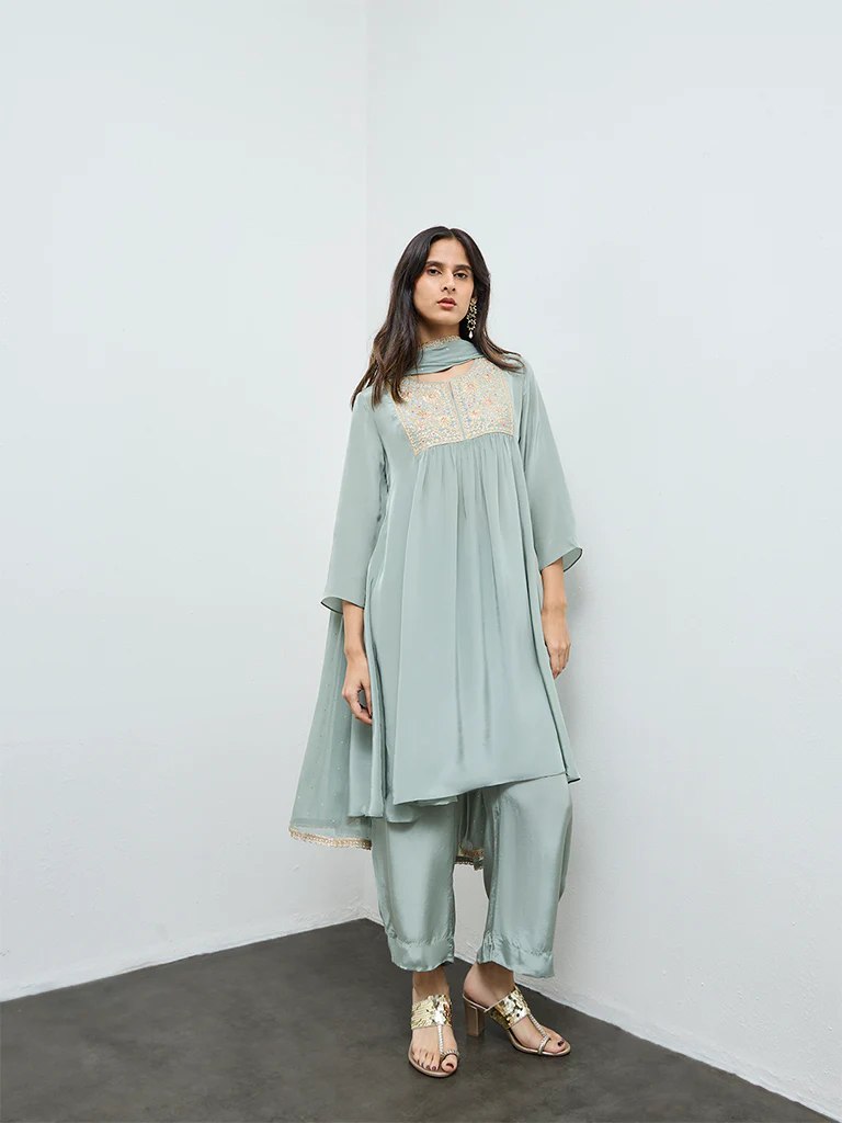 Vark Mint Embroidered A-Line Ethnic Set
