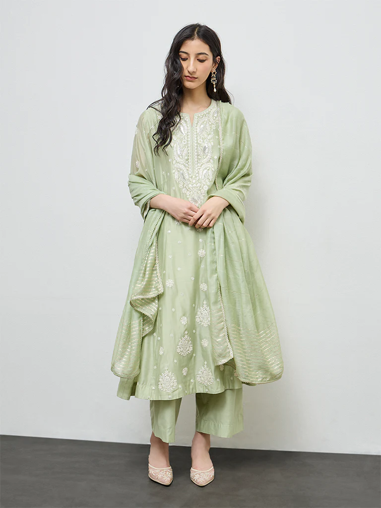 Vark Mint Embroidered Cotton-Blend A-Line Ethnic Set