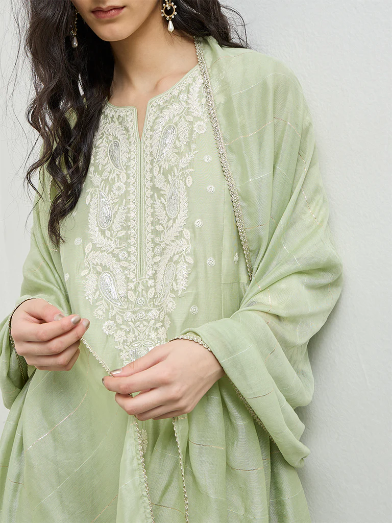 Vark Mint Embroidered Cotton-Blend A-Line Ethnic Set - Image 3