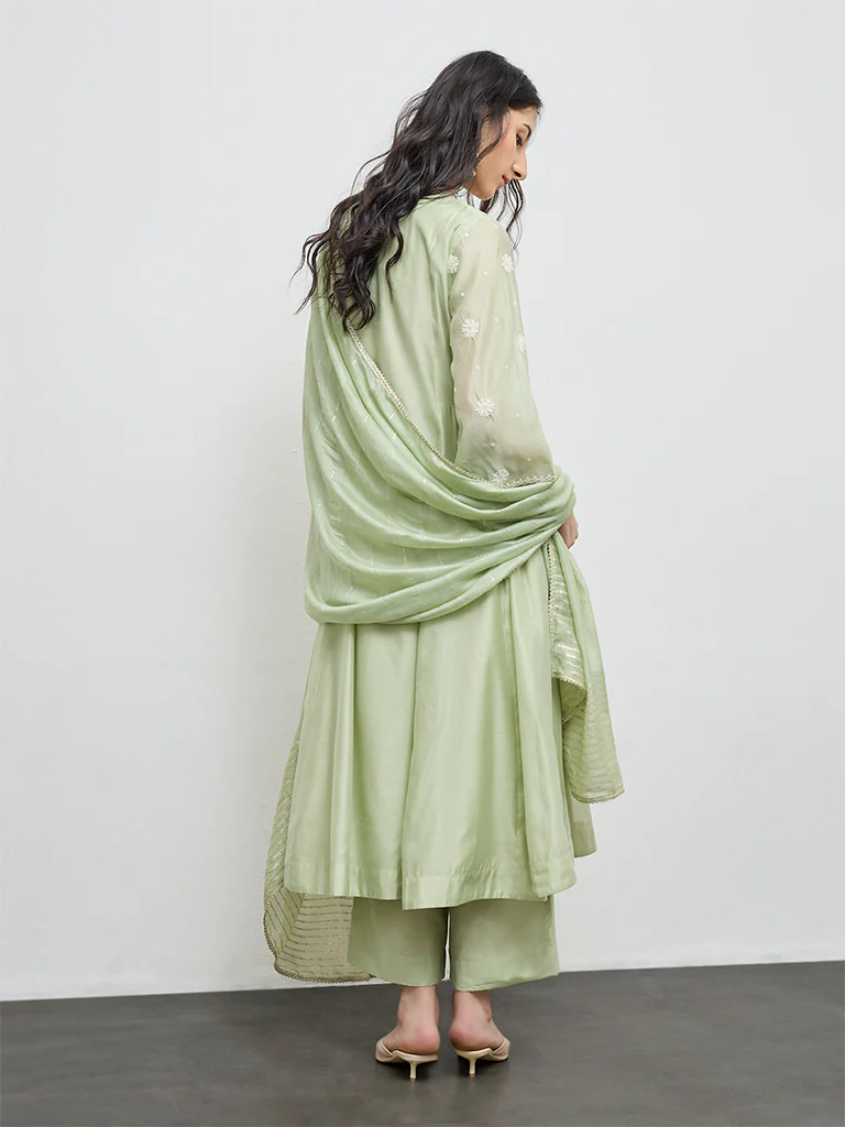 Vark Mint Embroidered Cotton-Blend A-Line Ethnic Set - Image 4
