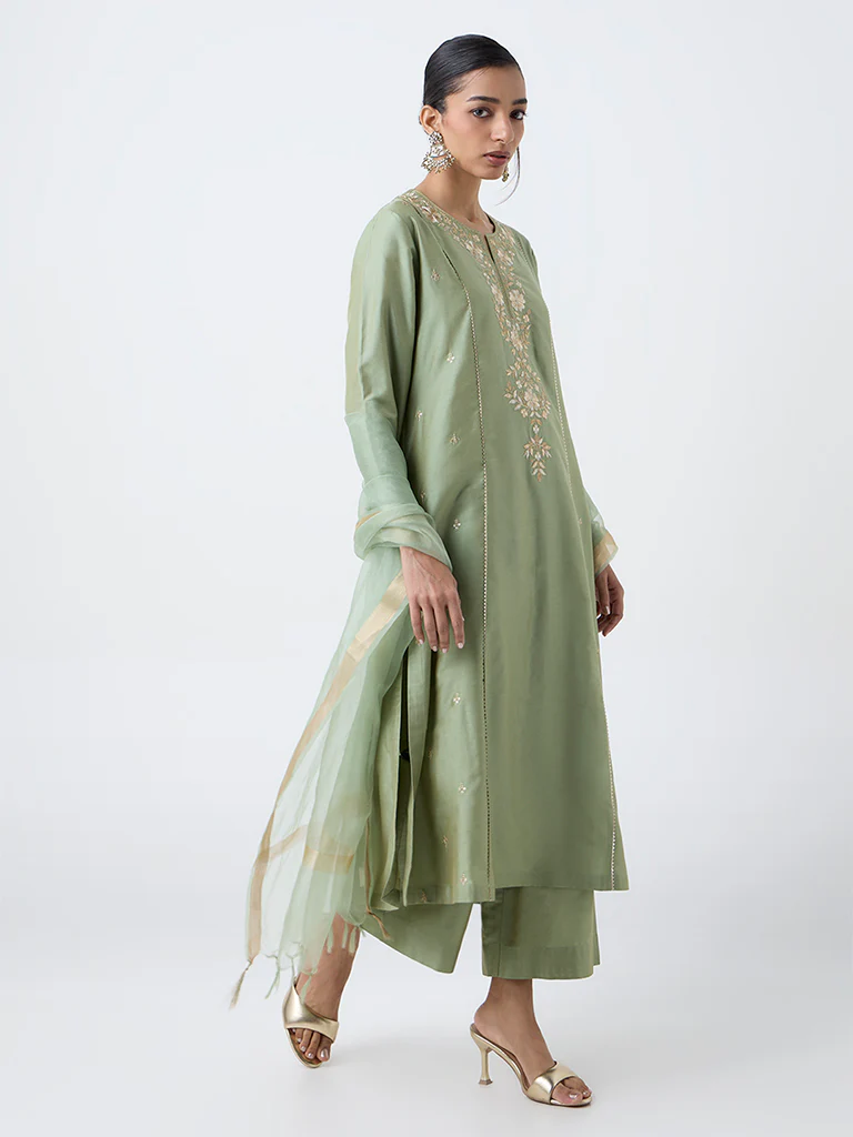 Vark Mint Floral Embroidered A-Line Ethnic Set - Image 2