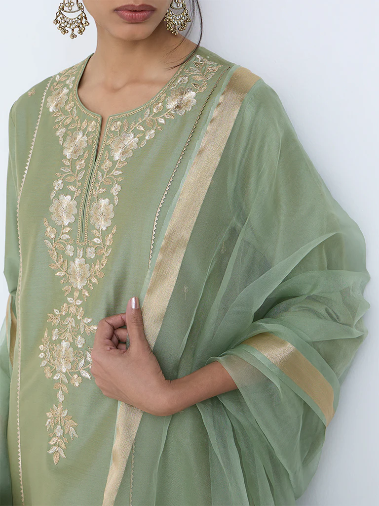 Vark Mint Floral Embroidered A-Line Ethnic Set - Image 3
