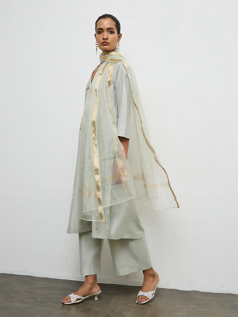 Vark Mint Floral Embroidered A-Line Ethnic Set - Image 2