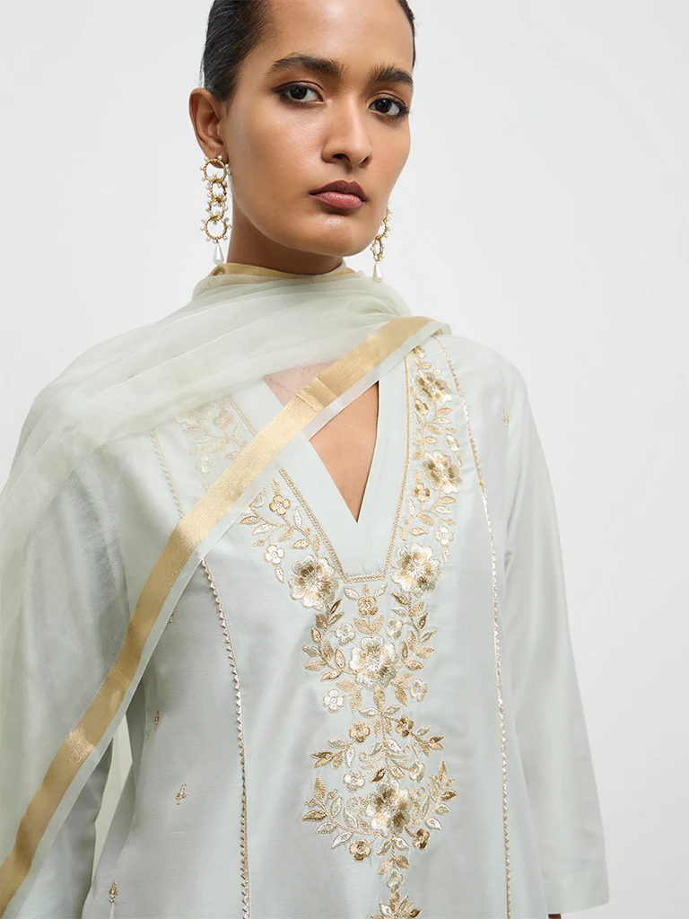 Vark Mint Floral Embroidered A-Line Ethnic Set - Image 3