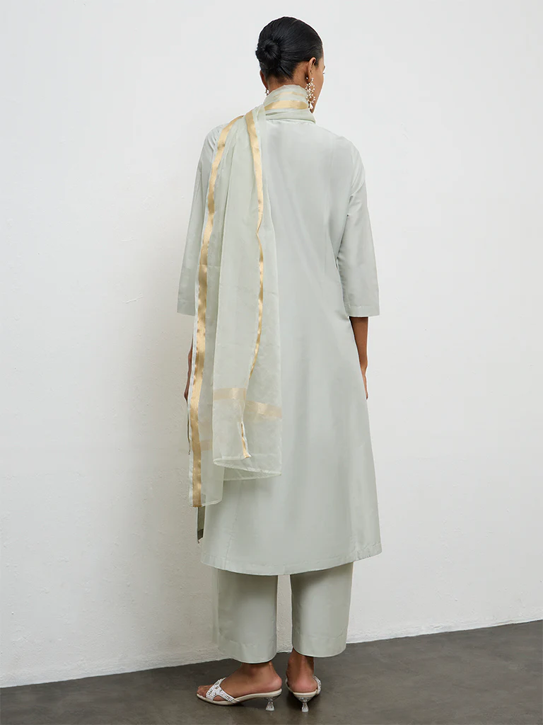 Vark Mint Floral Embroidered A-Line Ethnic Set - Image 4