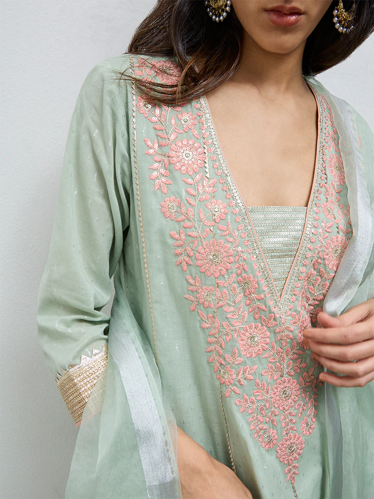 Vark Mint Floral Embroidered Cotton-Blend A-Line Ethnic Set - Image 3
