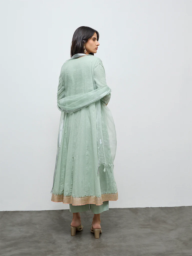Vark Mint Floral Embroidered Cotton-Blend A-Line Ethnic Set - Image 4