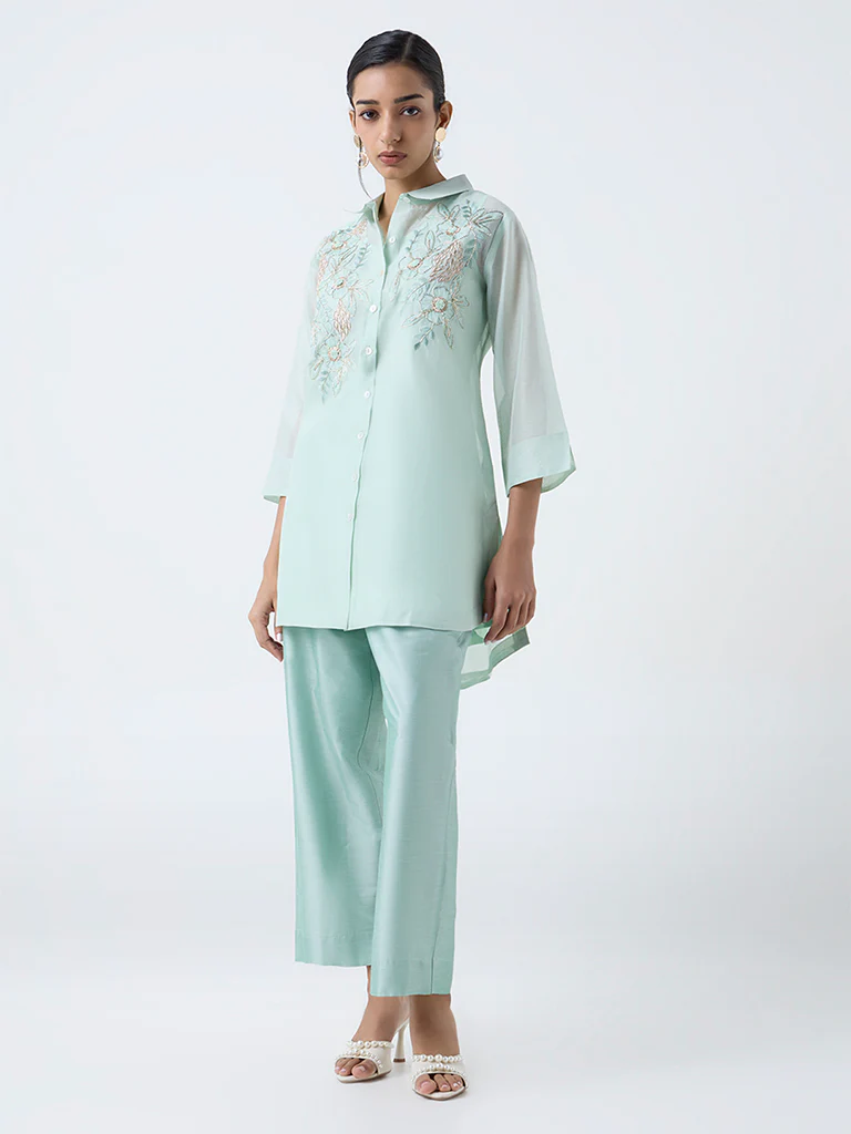 Vark Mint Floral Embroidered Cotton-Blend Ethnic Set