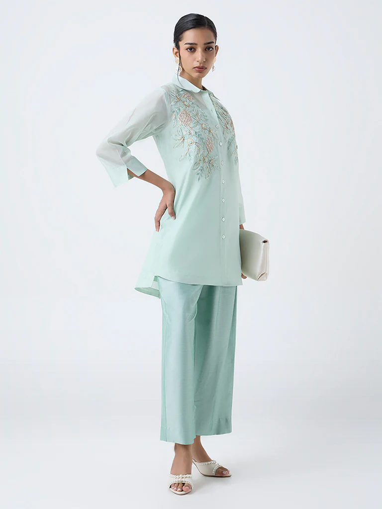 Vark Mint Floral Embroidered Cotton-Blend Ethnic Set - Image 2