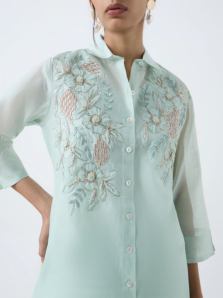 Vark Mint Floral Embroidered Cotton-Blend Ethnic Set - Image 3