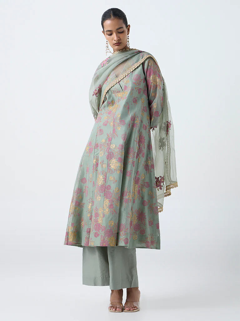 Vark Mint Floral Pattern Anarkali Cotton-Blend Ethnic Set - Image 2