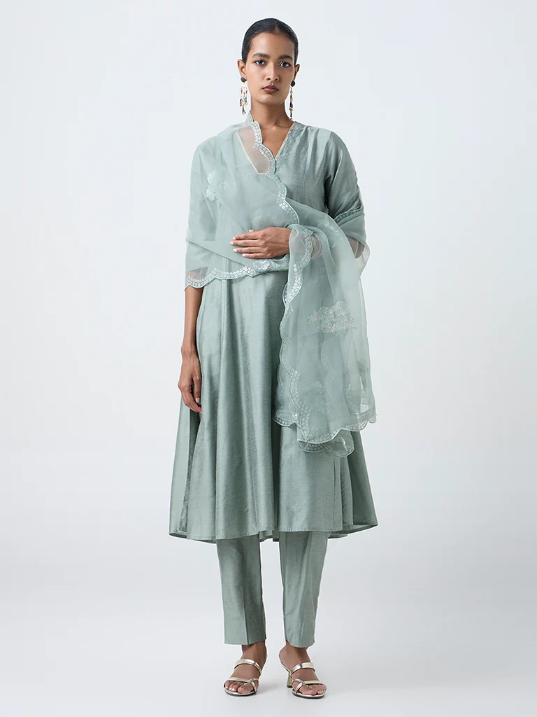 Vark Mint Solid Anarkali Ethnic Set