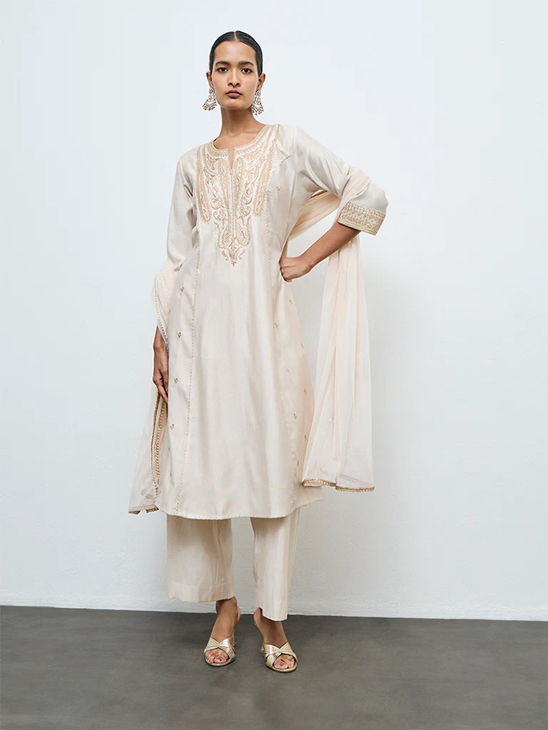 Vark Off-White Embellished A-Line Ethnic Set