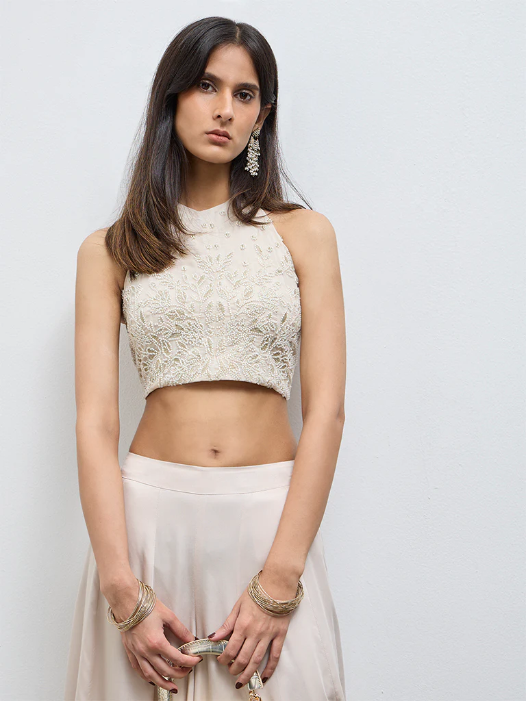 Vark Off-White Embellished Halter-Neck Top