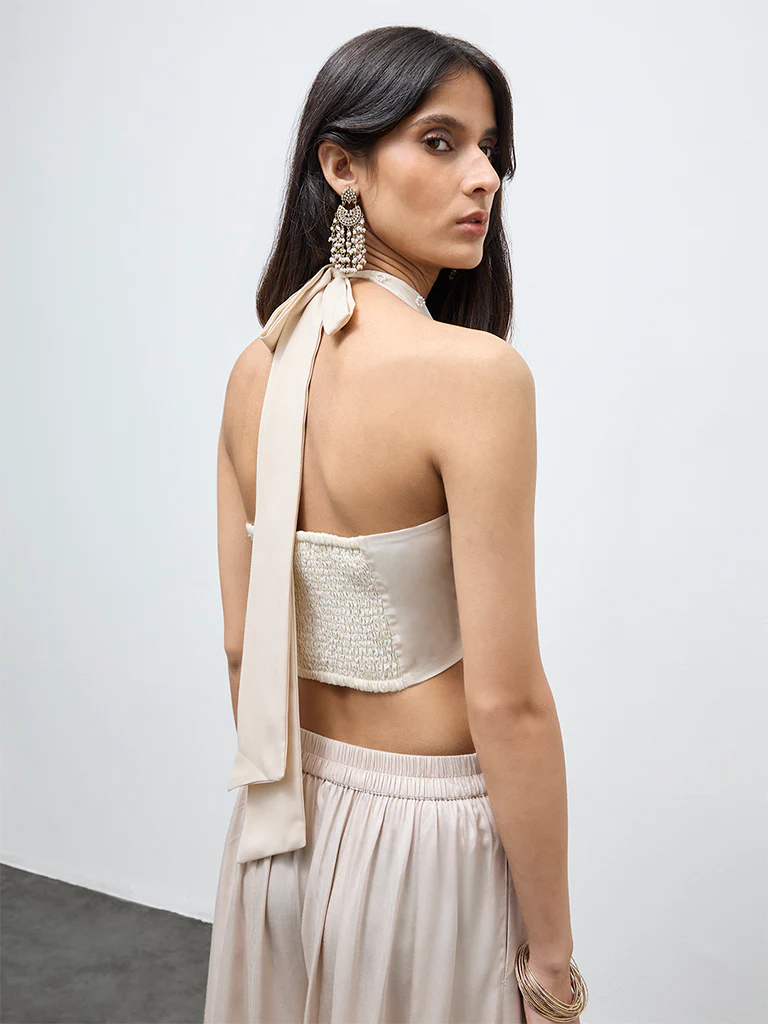 Vark Off-White Embellished Halter-Neck Top - Image 4