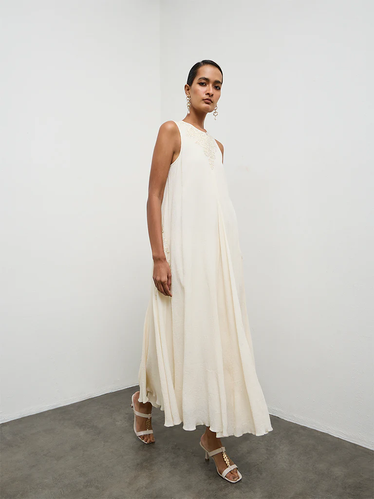 Vark Off-White Embroidered A-Line Dress - Image 2