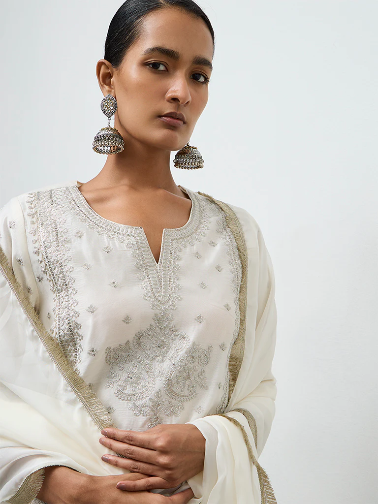 Vark Off-White Embroidered A-Line Ethnic Set - Image 2