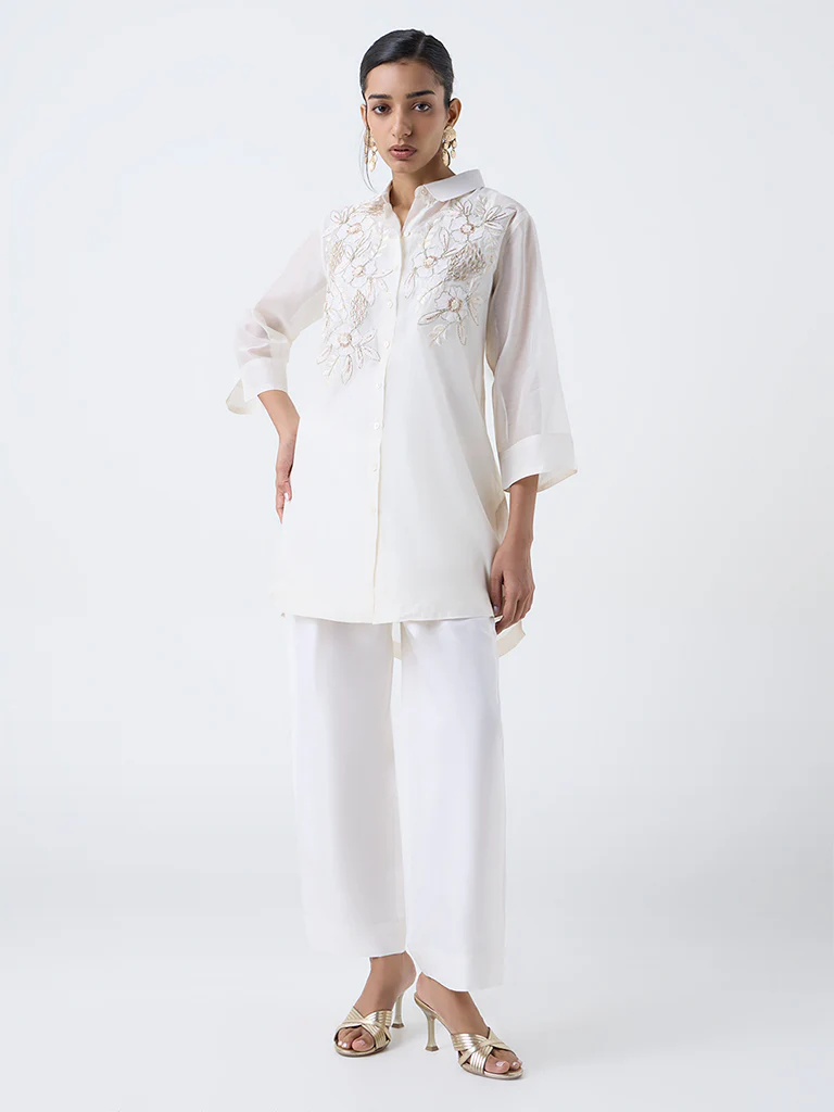 Vark Off-White Floral Embellished Cotton Ethnic Set - Image 2