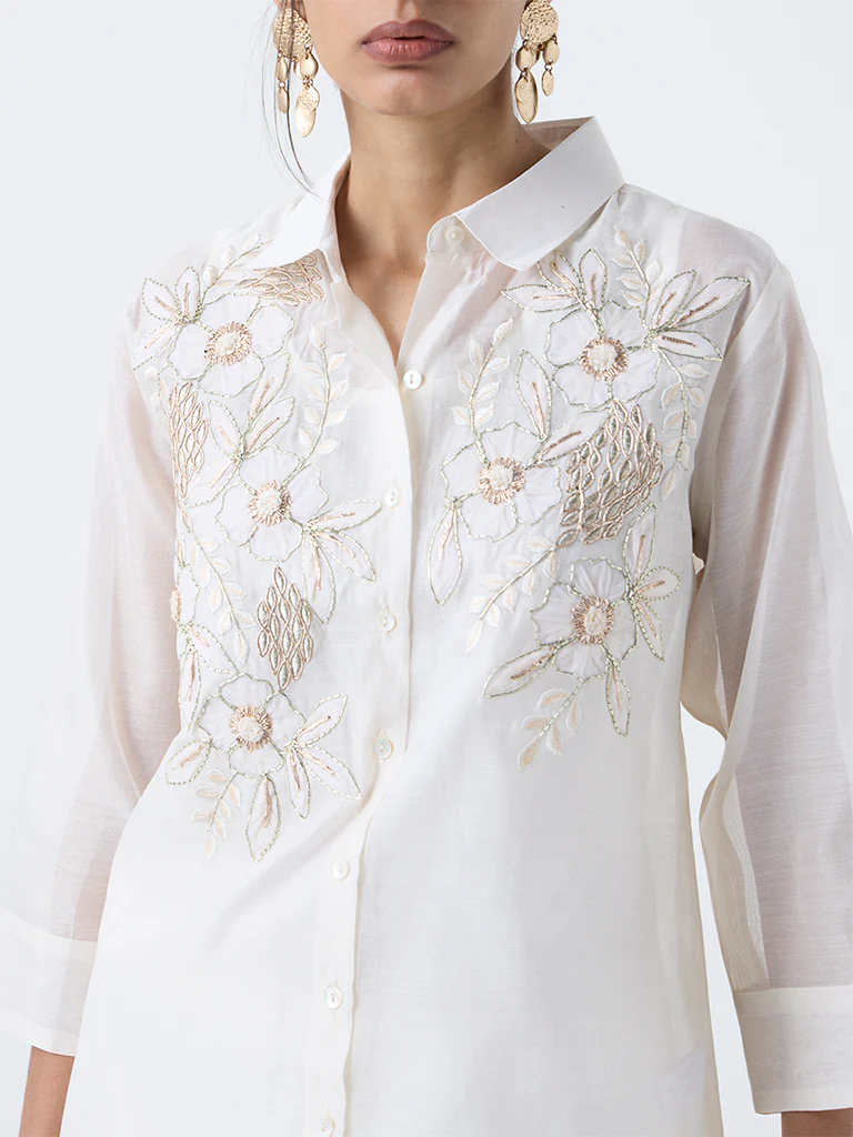 Vark Off-White Floral Embellished Cotton Ethnic Set - Image 3
