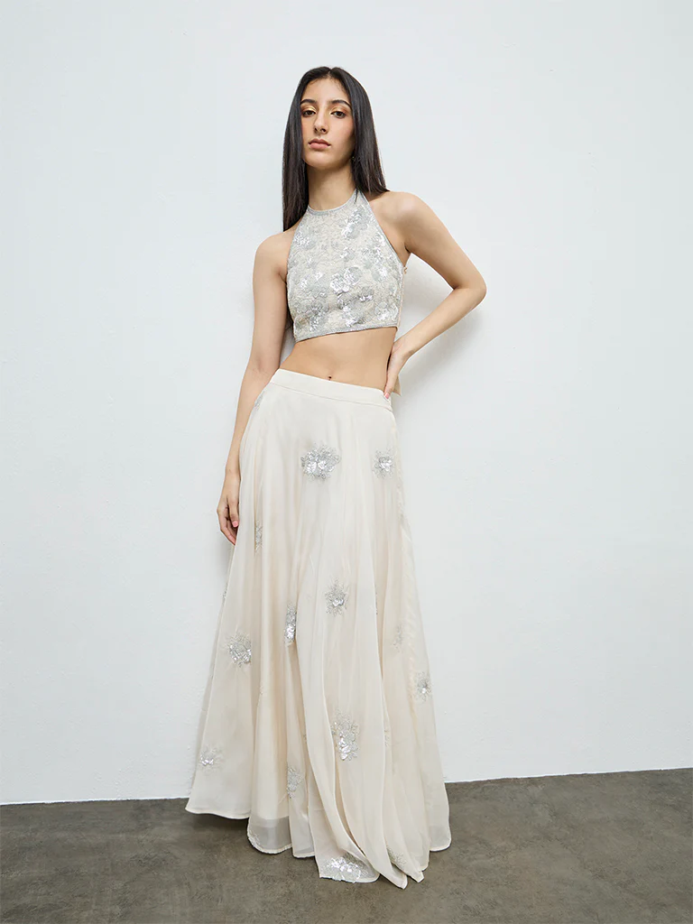 Vark Off-White Floral Embellished Skirt