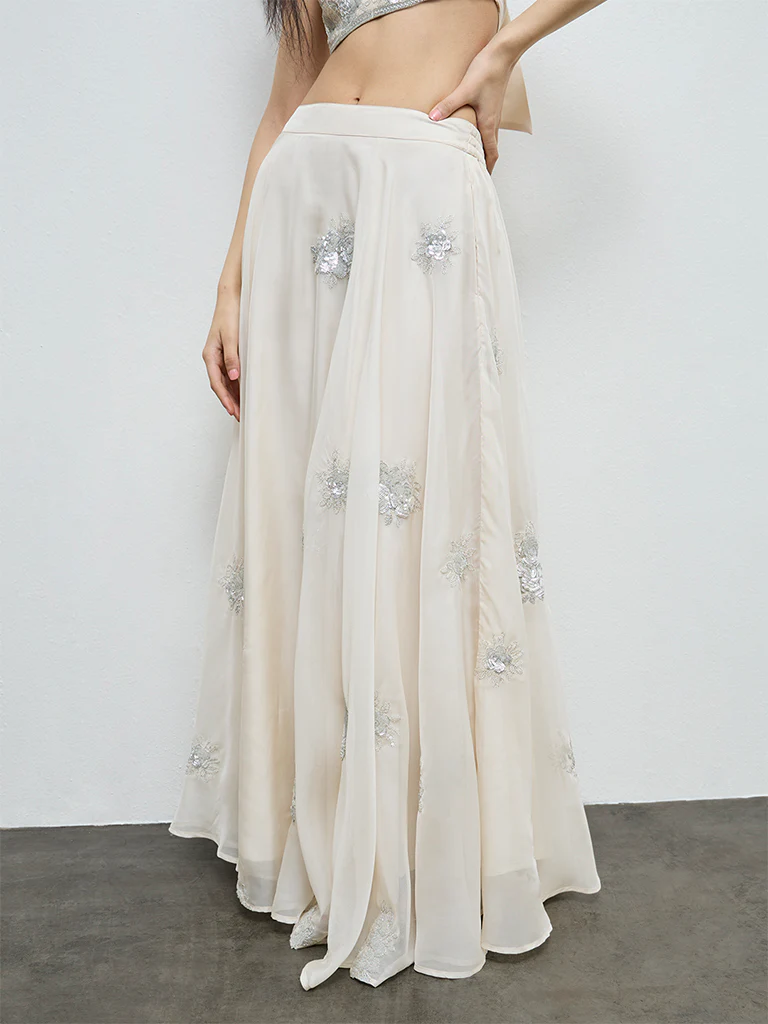 Vark Off-White Floral Embellished Skirt - Image 2