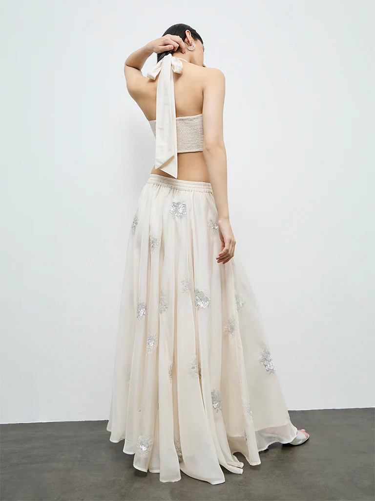 Vark Off-White Floral Embellished Skirt - Image 4