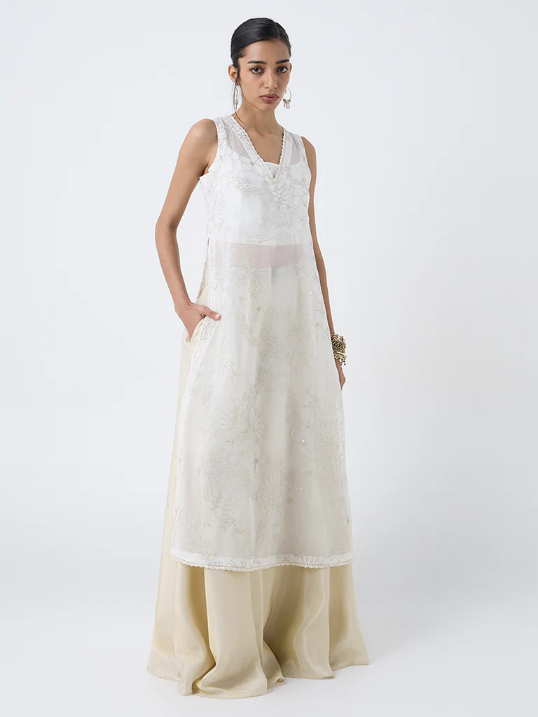 Vark Off-White Floral Embroidered A-Line Kurta with Inner - Image 2