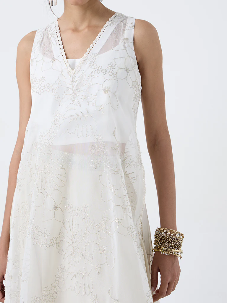 Vark Off-White Floral Embroidered A-Line Kurta with Inner - Image 3