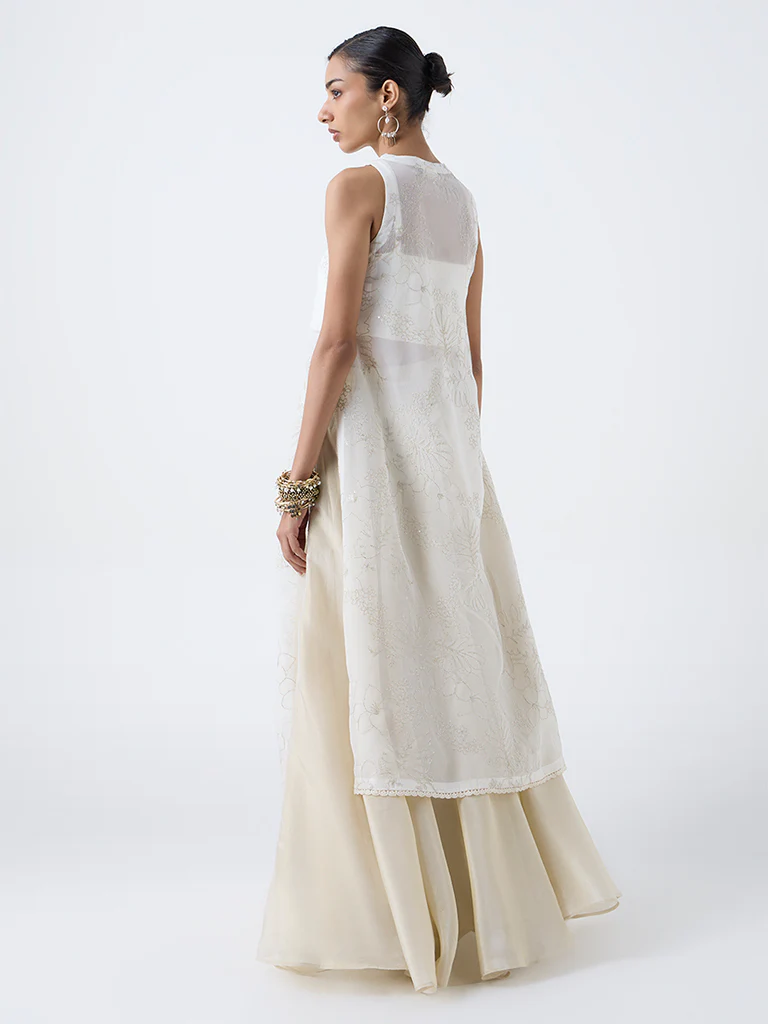 Vark Off-White Floral Embroidered A-Line Kurta with Inner - Image 4