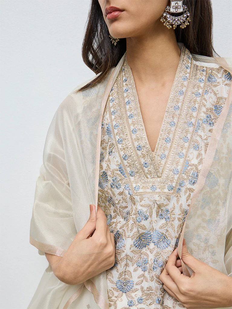 Vark Off-White Floral Embroidered Cotton-Blend A-Line Ethnic Set - Image 3