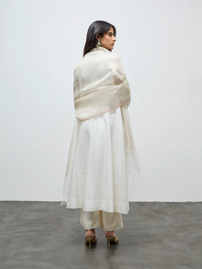 Vark Off-White Floral Embroidered Cotton-Blend A-Line Ethnic Set - Image 4