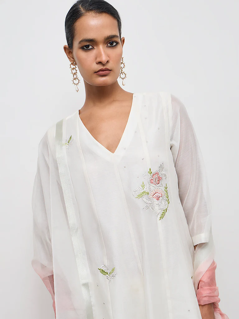 Vark Off-White Floral Embroidered Cotton-Blend A-Line Ethnic Set - Image 3