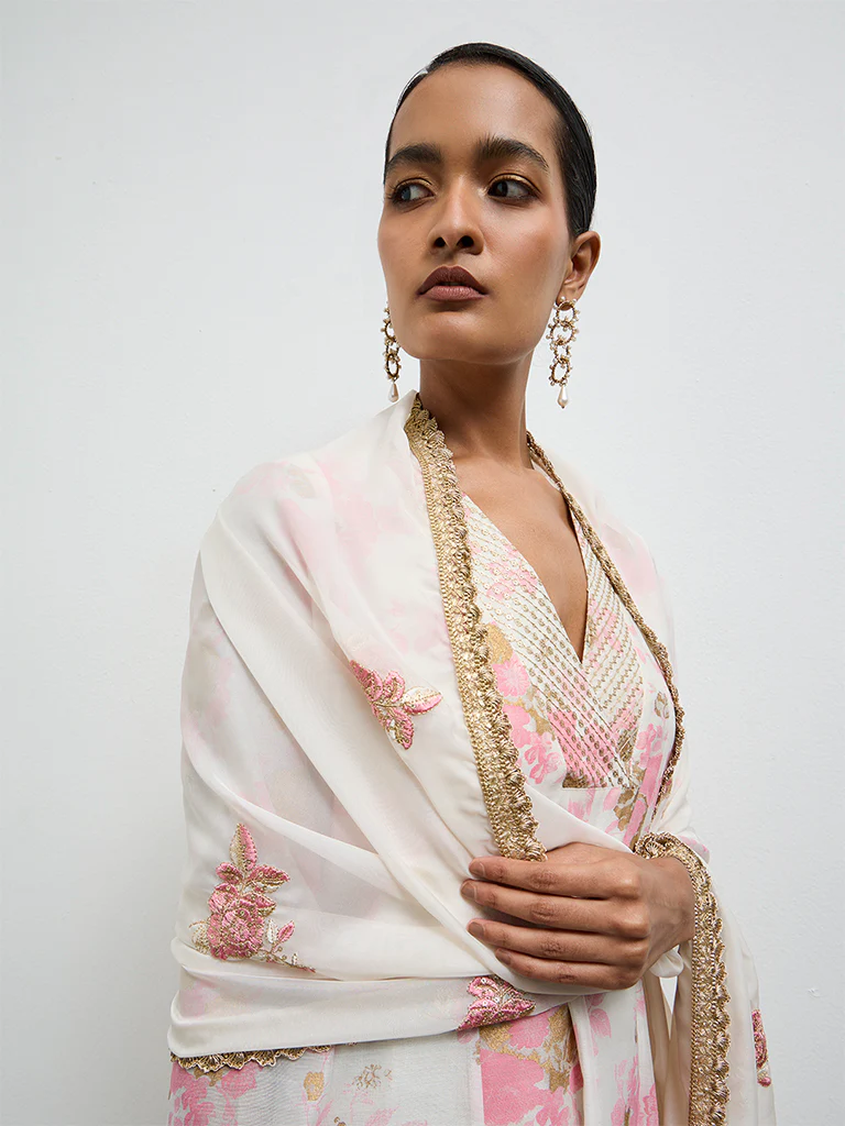 Vark Off-White Floral Printed A-Line Cotton-Blend Ethnic Set - Image 3