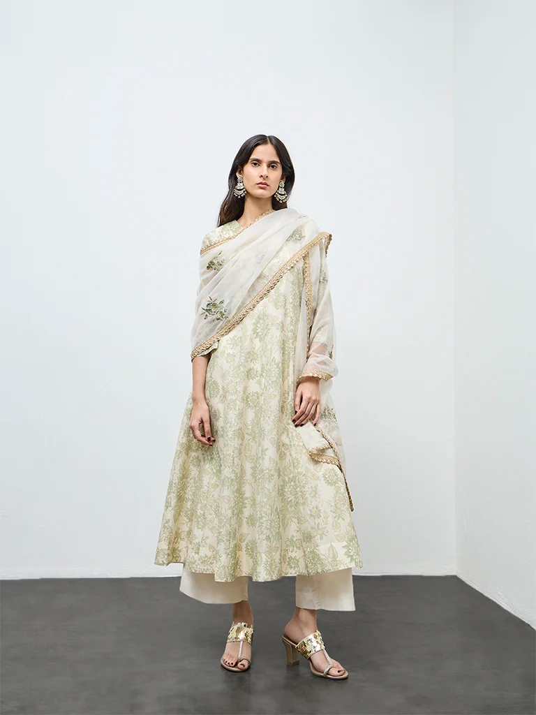 Vark Off-White Floral Printed Cotton-Blend A-Line Ethnic Set - Image 2