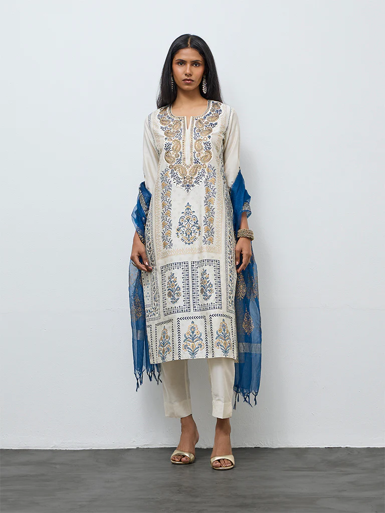 Vark Off-White Printed Straight Ethnic Set