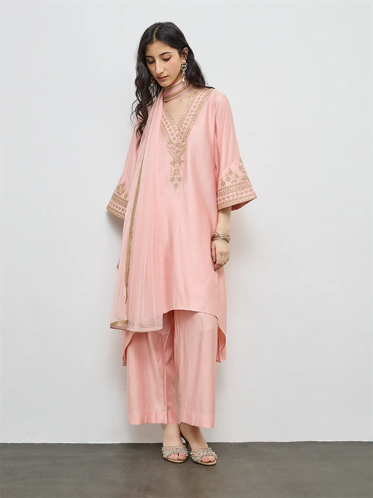 Vark Peach Embroidered A-Line Ethnic Set - Image 2
