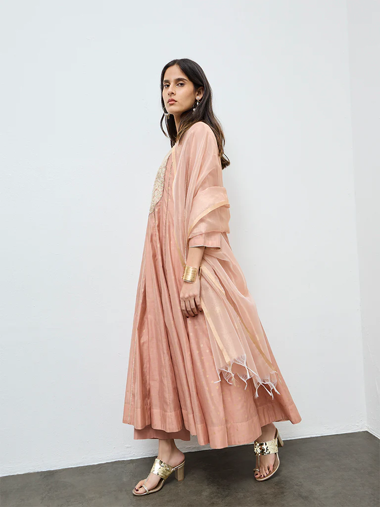 Vark Peach Embroidered A-Line Ethnic Set - Image 2
