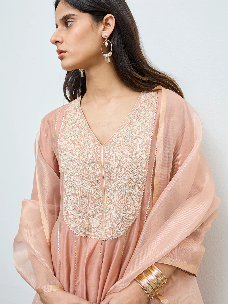 Vark Peach Embroidered A-Line Ethnic Set - Image 3