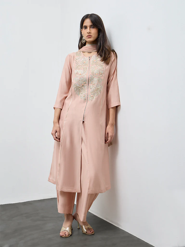 Vark Peach Floral Embroidered A-Line Ethnic Set