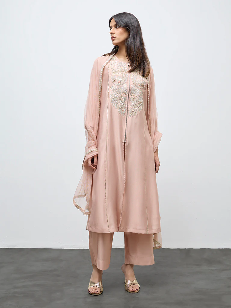 Vark Peach Floral Embroidered A-Line Ethnic Set - Image 2