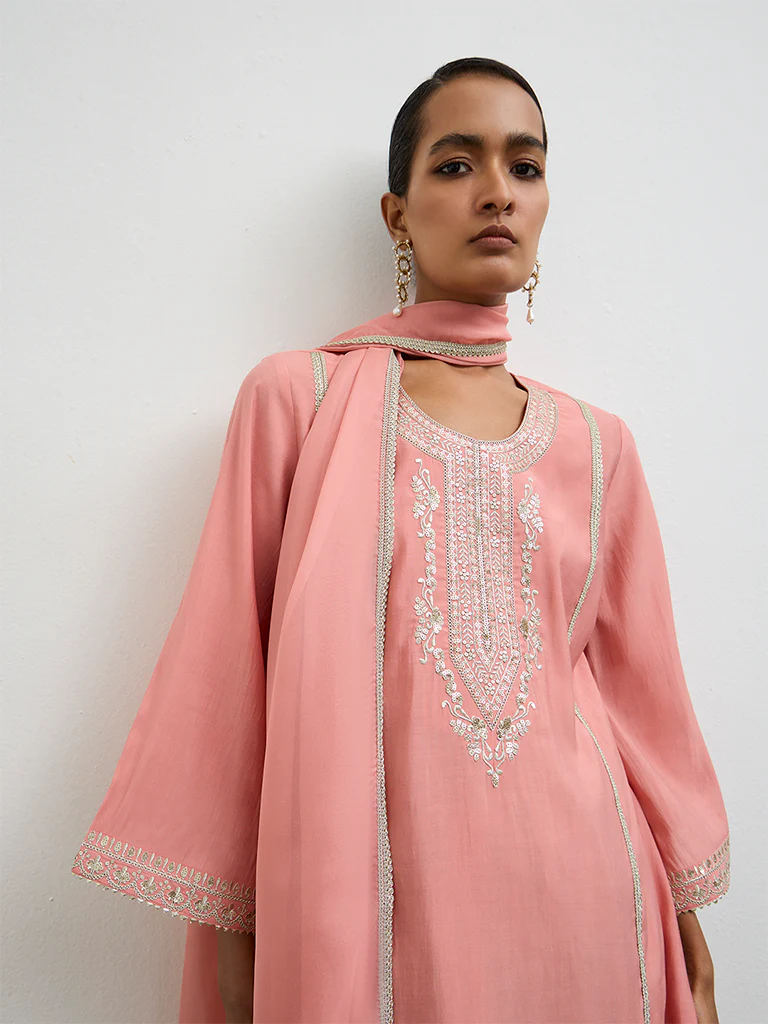Vark Peach Floral Printed A-Line Ethnic Set - Image 3