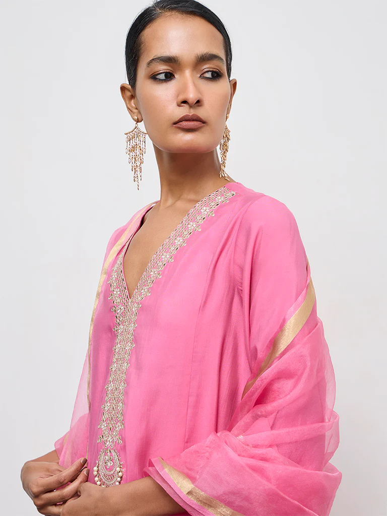 Vark Pink Embroidered A-Line Ethnic Set - Image 3
