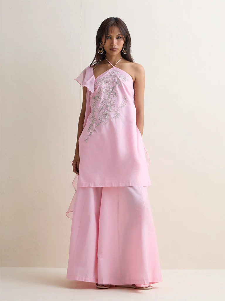 Vark Pink Embroidered A-Line Ethnic Set