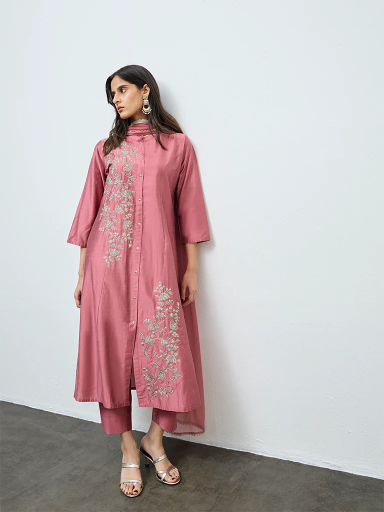 Vark Pink Floral Embroidered A-Line Ethnic Set