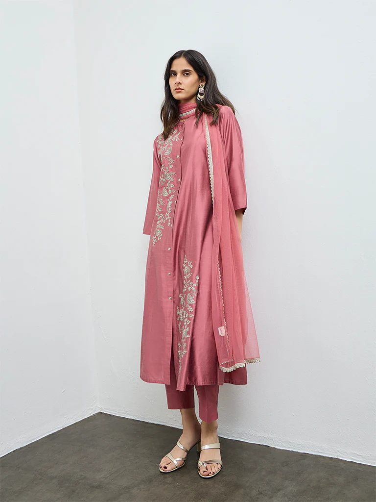 Vark Pink Floral Embroidered A-Line Ethnic Set - Image 4