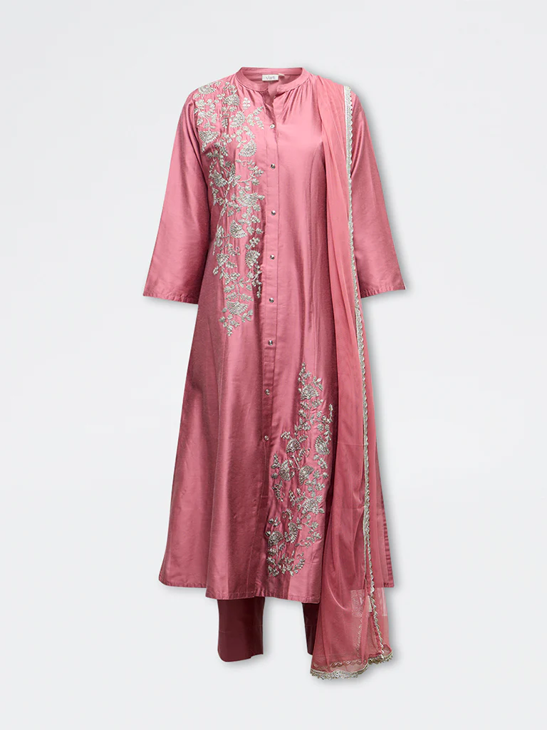 Vark Pink Floral Embroidered A-Line Ethnic Set - Image 5