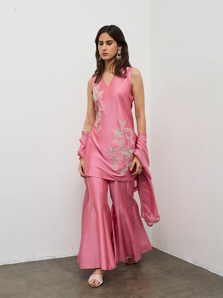 Vark Pink Floral Embroidered A-Line Ethnic Set - Image 2