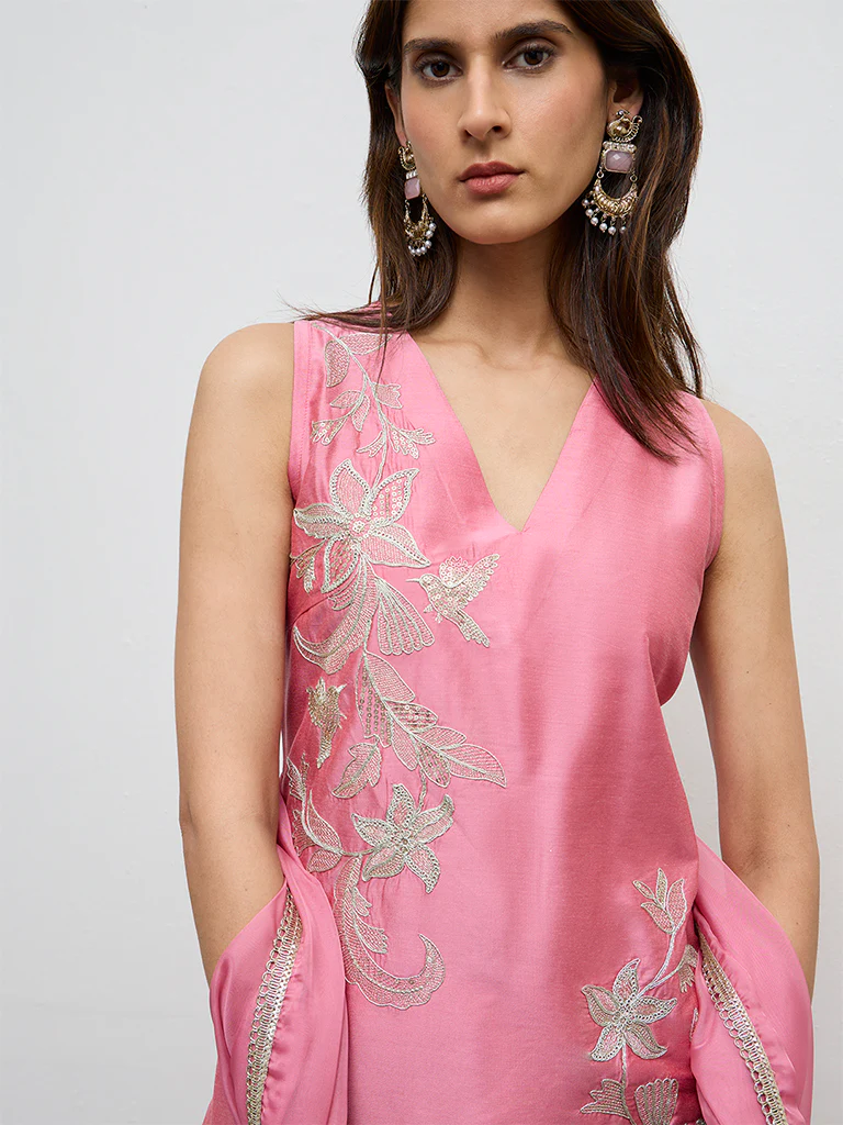 Vark Pink Floral Embroidered A-Line Ethnic Set - Image 3